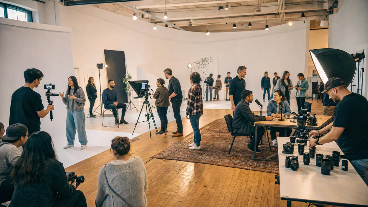Experimentação de vídeo e criação audiovisual em diferentes sets de produção.