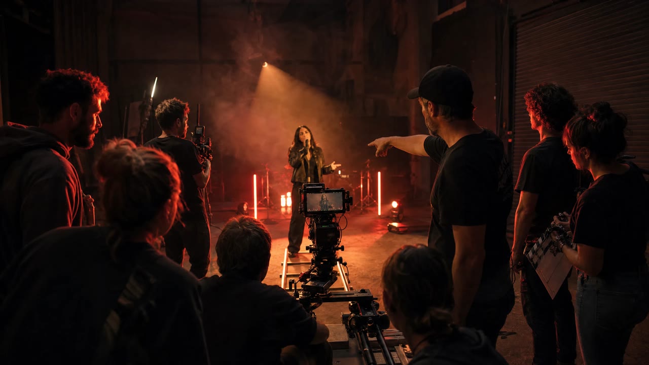 Uma equipa acompanha a realização de um videoclipe com uma artista num set iluminado.